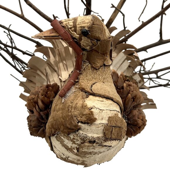 Vintage Handmade Set Rustic Turkey Figurines Bark Pinecone Folk Art Thanksgiving - Picture 14 of 16